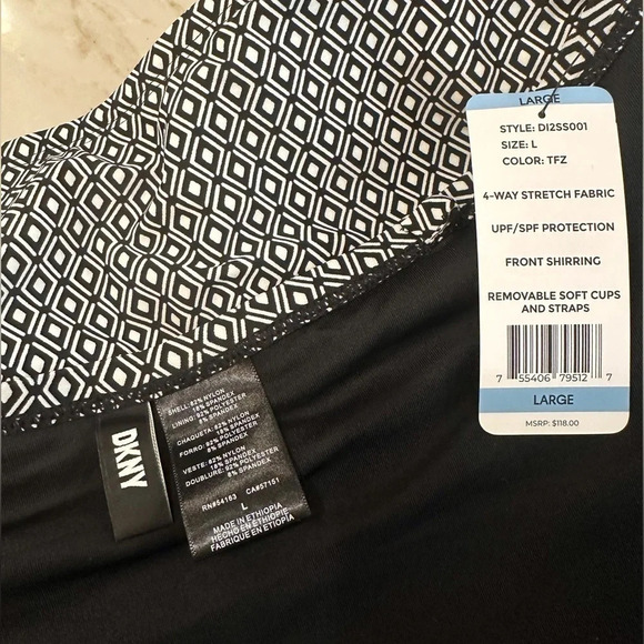 NWT DKNY One Piece Swim Suit Black and White Geometric Print Women’s size L - Picture 4 of 10